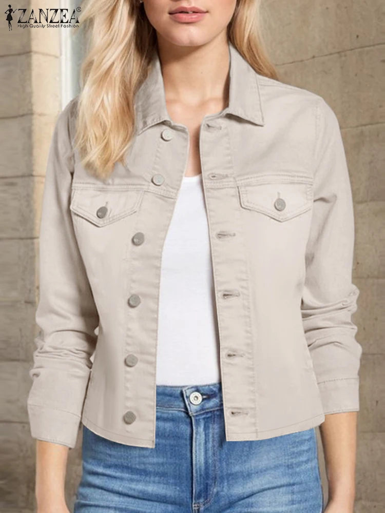 Women Daily Outerwear Long Sleeve Work Wear Casual Solid Colour Coats Button Up 2025 Spring Turn-down Collar Thin Jackets