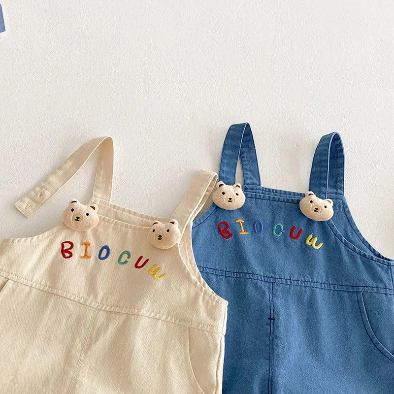 New Spring Kids Overall Children Cute Embroidered Letter Jeans Girls Boys Sweet Loose Casual Pants 0-5T Unisex