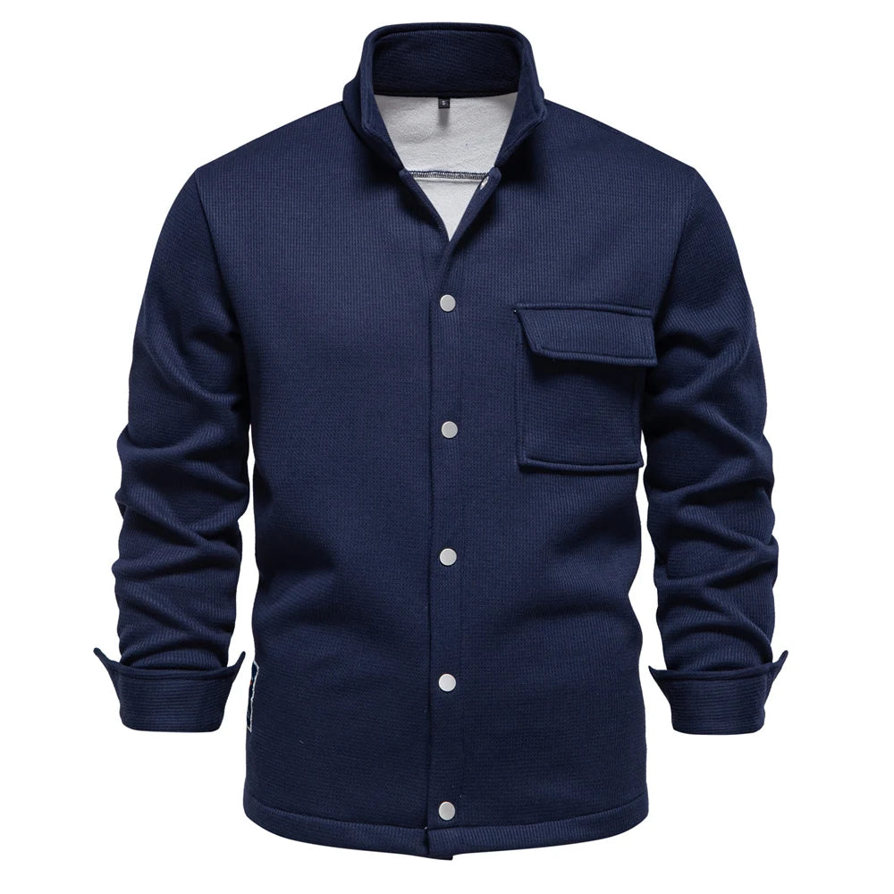 Herrenjacke mit Waffel-Fleece-Futter, dick, warm, mit Tasche, Knopfleiste, Stehkragen, Oberbekleidung, Winterjacken, Mäntel für Herren