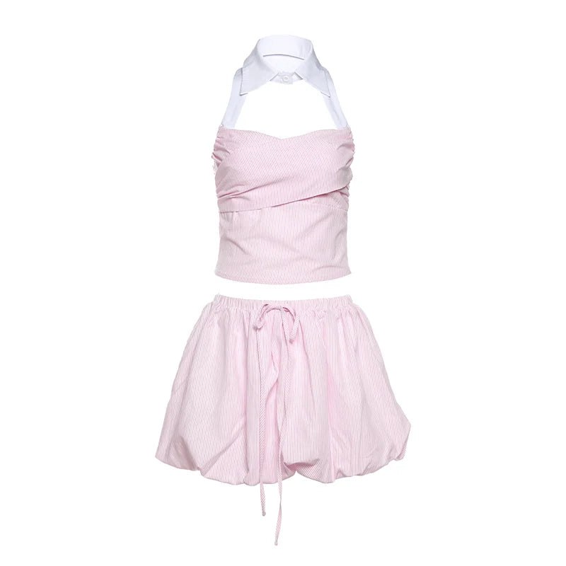 Sweet Fit Striped Print 2Piece Set Women Patchwork Button Hollow Backless Button Tops + Lace-Up Puffy Skirt Matching Suit