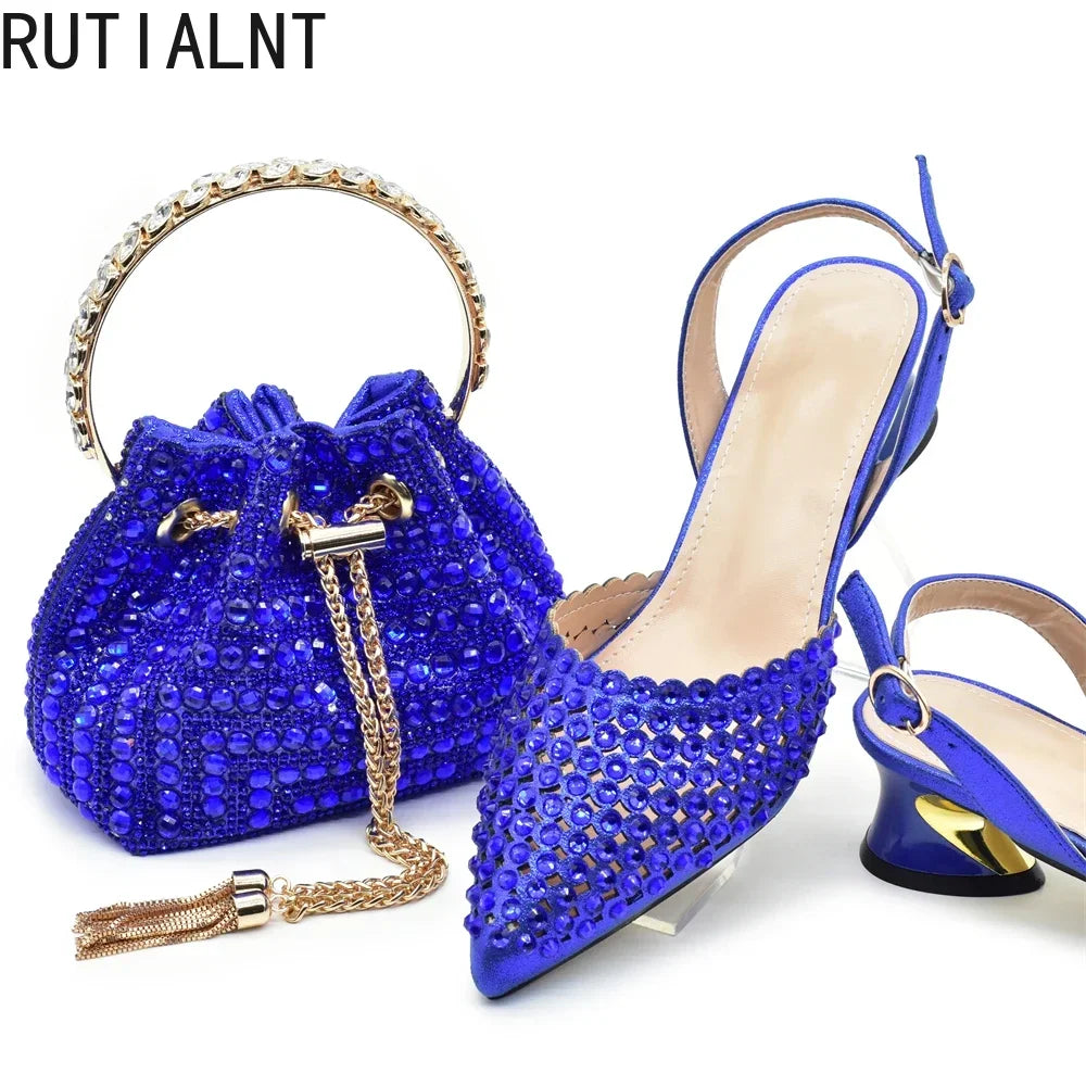 Italian Shoes with Matching Bags Set Rhinestone-Decorated with Medium Heels for African Ladies' Party Pumps