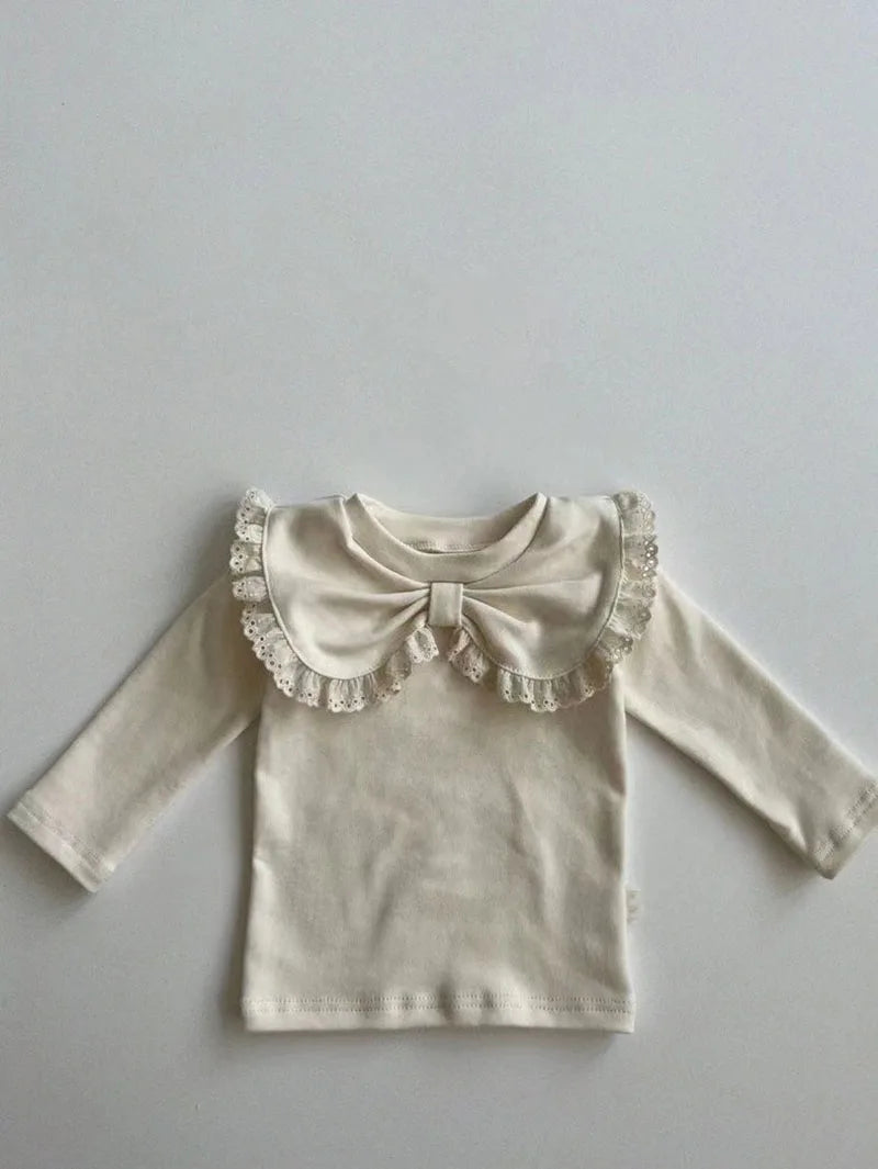 Herfst Baby Kant Bottoming Shirt Peuter Schattig Bloem Strik Kraag Basis Shirt Baby Dunne Lange Mouwen Meisjes Tops 1-3Y Meisjes