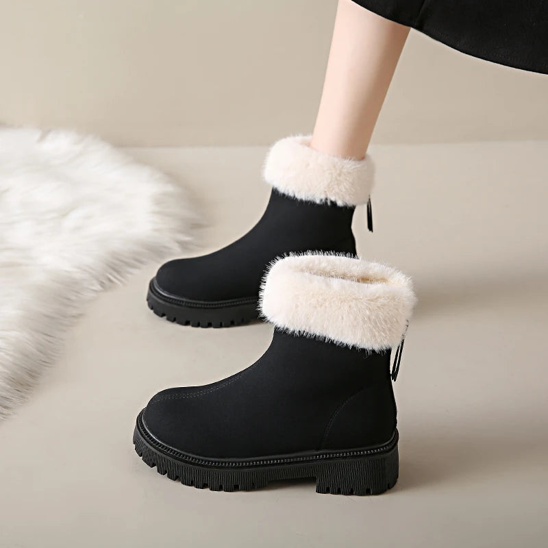 Women's Winter Boots 2024 New Fashion Velvet Lined Solid Color Ankle Square Heel Round Toe Outdoor Snow Boots Thick Soles Zipper