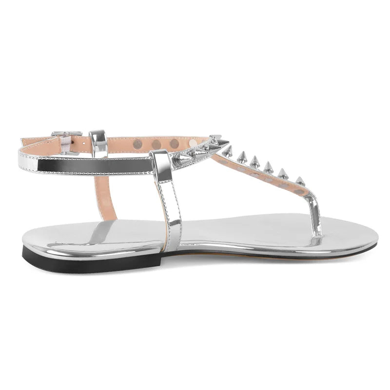 Women Round Toe T-Strap Rivet Flats Sandals Big Size Fashion Summer Sliper