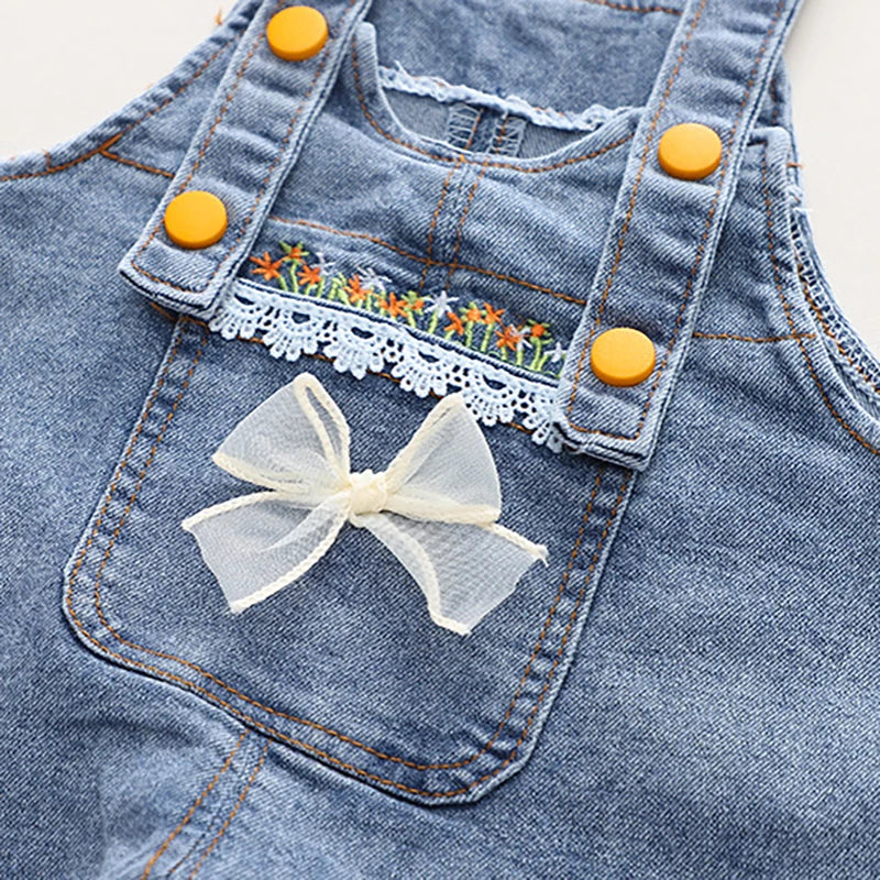 New Spring Kids Clothes Set Girls Cute Flower Blouse + Denim Overalls Children 2PCS Outwear 12-36m 4-6Y Girls