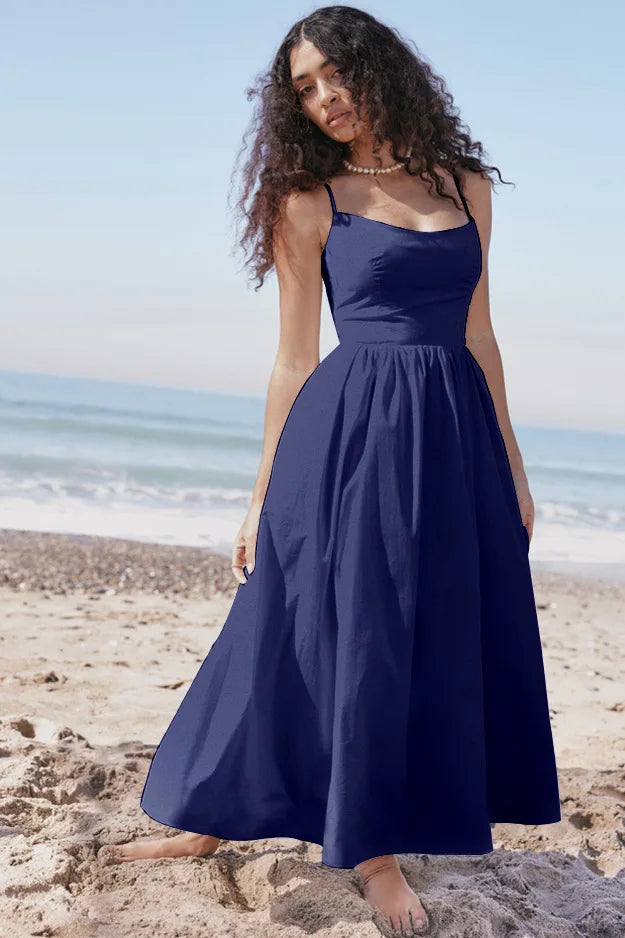 Chic Elegant Party Dresses for Women Solid Spaghetti Strap Sleeveless Long Dress Holiday Beach Sundress Robe Femme Été