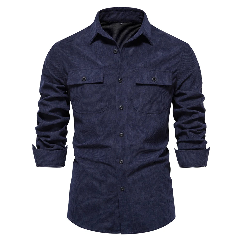 Thicken Autumn Men Shirt Solid Colour Business Casual Corduroy Shirt With Pocket for Men
