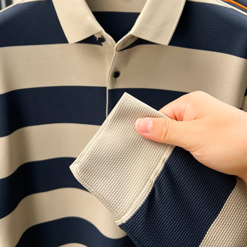 Men's Autumn Long Sleeve Polo Shirt Colourful Striped, Stretchy Double-sided Pique Knit Fabric