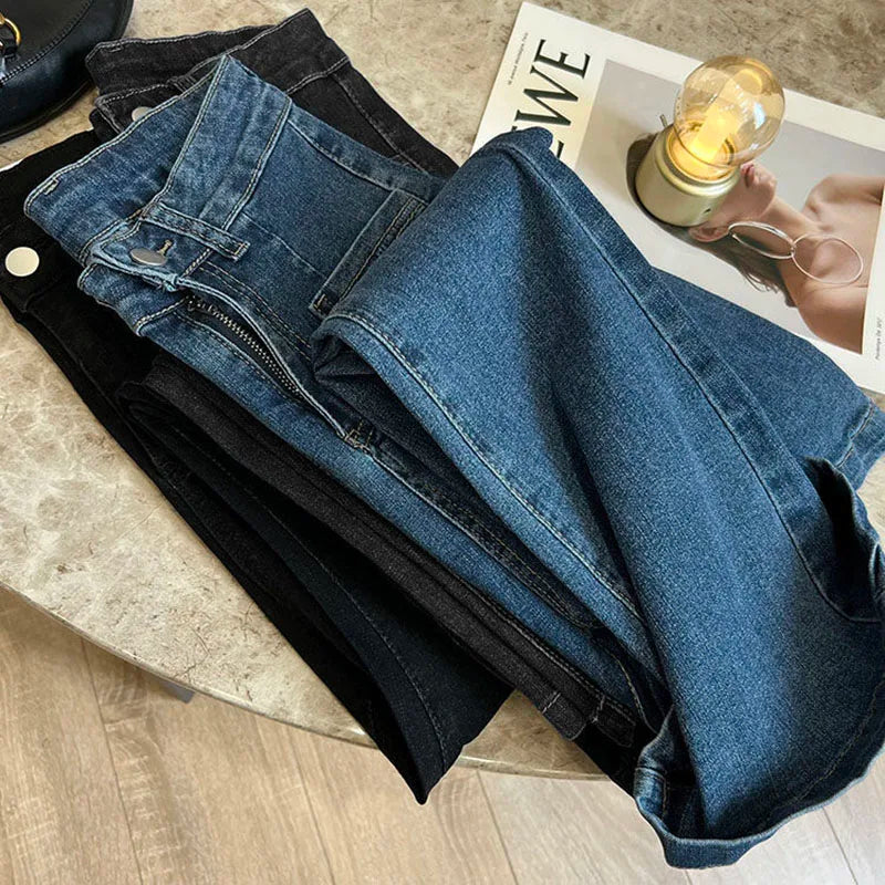 New Women's High Waist Washed Jeans Korean Style Pockets Slim Denim Flared Pants Ladies Vintage Stretch Classic Jean Trousers