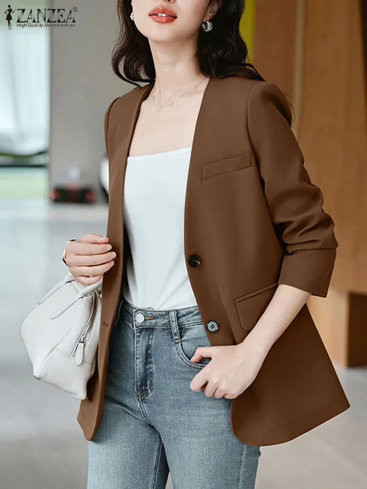 Elegant Solid Suit Jackets Long Sleeve Button Up Autumn 2024 V Neck Outwear Tops Office Lady Women Commute Fashion Blazer