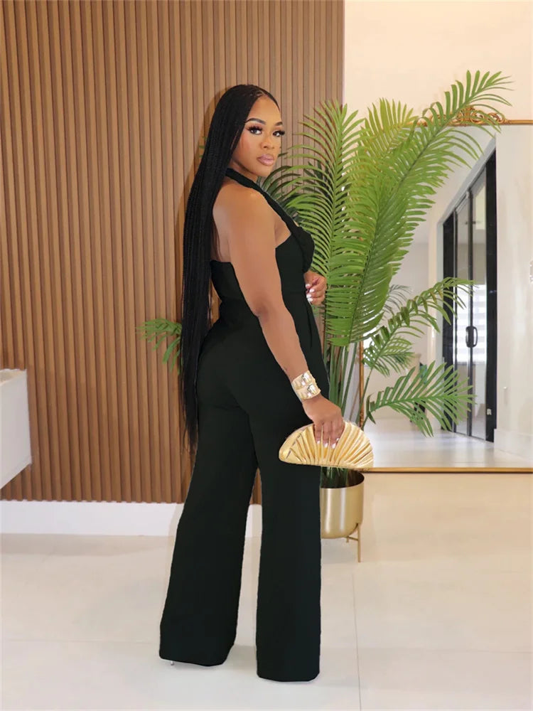 Women Fashion Straight Jumpsuit Summer Trend Twist Bandage Halter Ruched Hollow Backless Sleeveless Classic Outfits