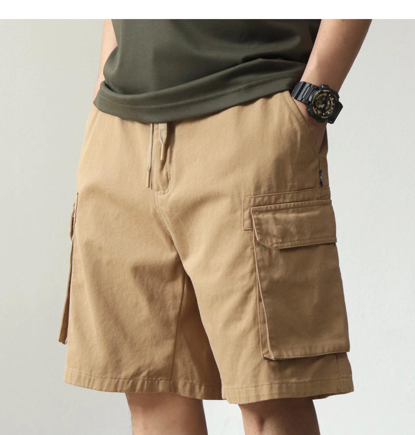 2025 Summer New American Retro Woven Cargo Shorts Men's 100% Cotton Elastic Waist Drawstring Casual Loose Straight 5-point Pants