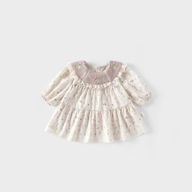 New Autumn Girls Flower Dress Cartoon Bunny Lace Kids Princess Dress Loose Korean Version Children Clothes 9M-5T Girls