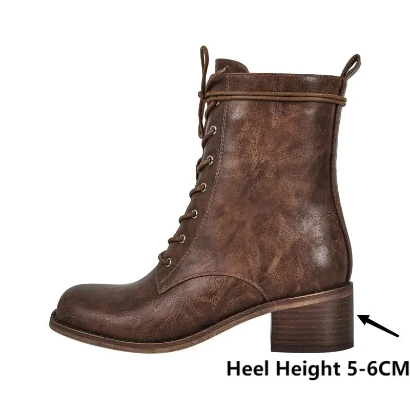 Women Brown Lace UP Ankle Boots Round Toe Gothic Heeled Concise Side Zipper Winter Motorcycle Boots
