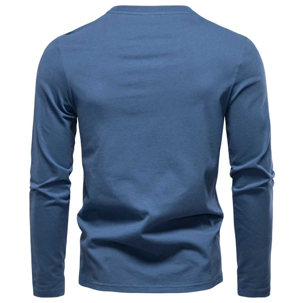 Men's High Quality Long Sleeve T-Shirt Fashion Pure Cotton Henley Collar Long Male T-Shirt