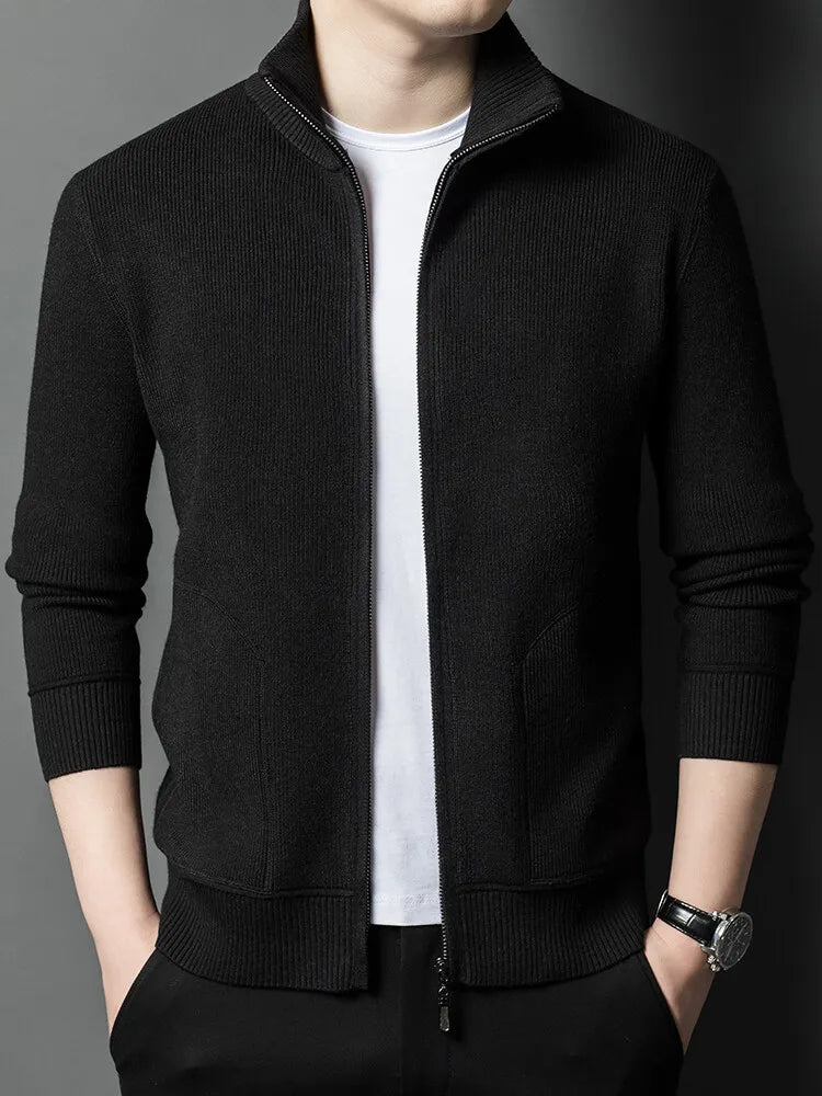 Men's Solid Colour Autumn Long-Sleeved Stretch Warm Cardigan, Daily Jacket Sizes M-4XL