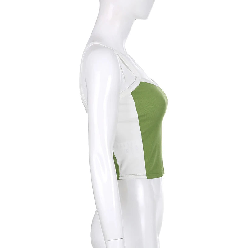 Women's Sleeveless Knitted Crop Tops Green Sexy Basic Patchwork 2023 Summer Casual Cami Backless Y2k Vintage Tank Top