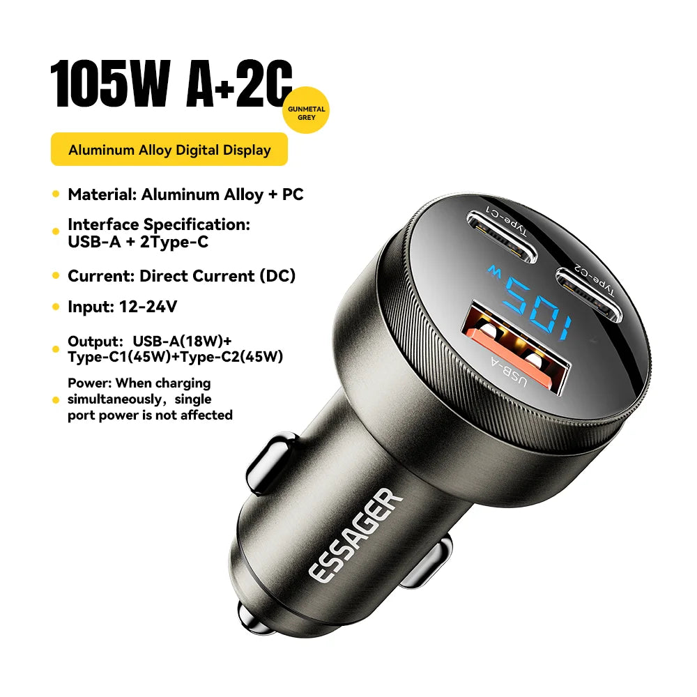 Essager USB C Car Charger 105W Quick Charge PD3.0 QC4.0 3.0 SCP PPS USB Type C Fast Charging For iPhone 15 14 13 Samsung Xiaomi