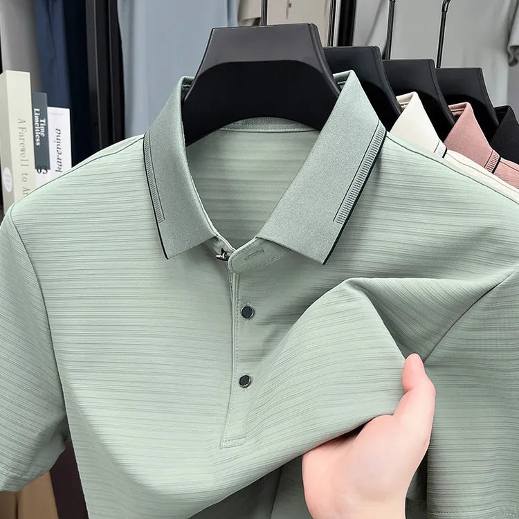 Men's Short-Sleeved T-Shirt, Subtle Striped Texture, Classic Collar Design With Button Details - Soft and Breathable Fabric Polo