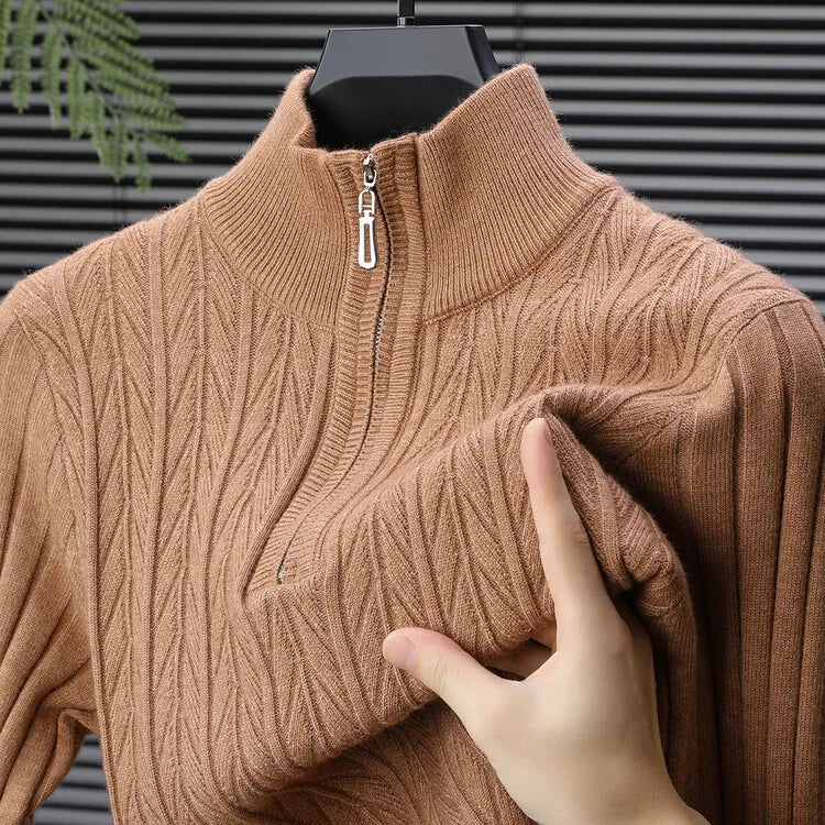 Men's High-Quality Semi-High-Neck, Business Casual Warm Sweater, Stretchy Striped Male Pullover Sizes M-4XL
