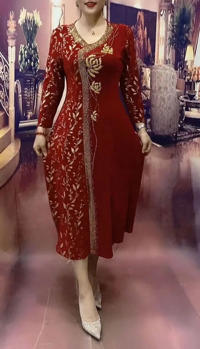 Commute Printed Elegant V-Neck Dresses Spring Autumn New A-Line Women's Clothing Long Sleeve Stylish Floral Diamonds Long Dress