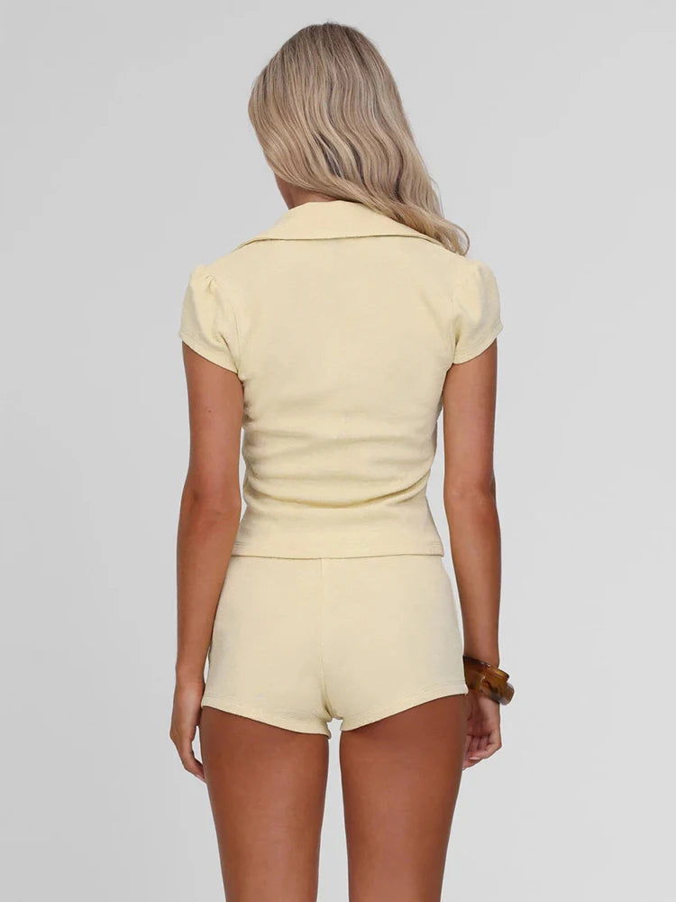 Simple 2 Piece Set Women Lapel Neck Single-Breasted Crop Tops + Bottom Skinny Shorts Daily Casual Home Comfortable Suit