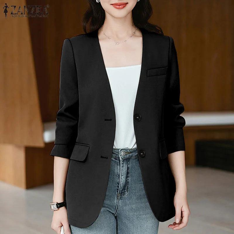 Elegant Solid Suit Jackets Long Sleeve Button Up Autumn 2024 V Neck Outwear Tops Office Lady Women Commute Fashion Blazer