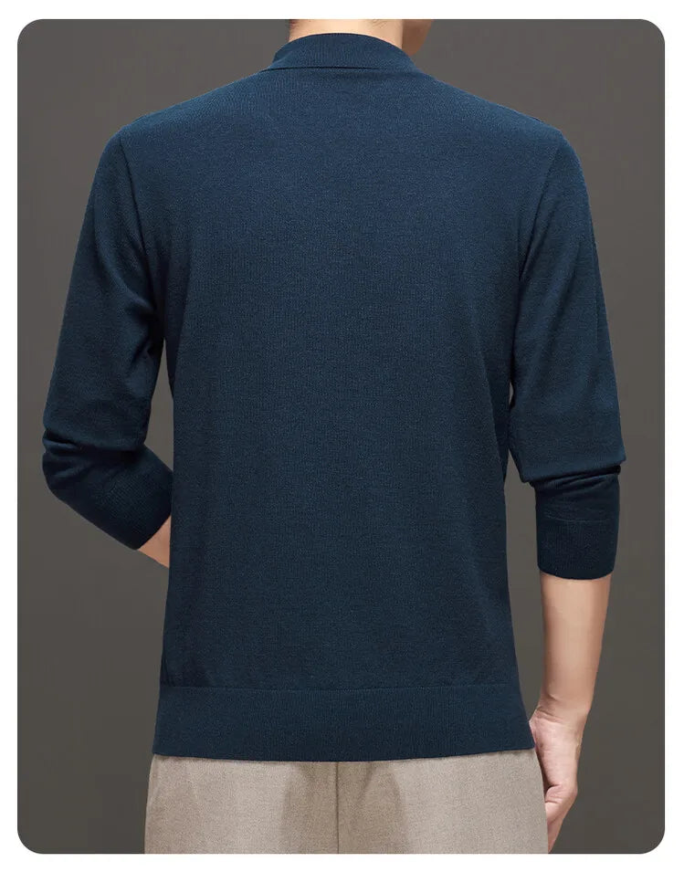 Men's Solid Colour Geometric Pattern Warm Polo, High Quality Woollen Sweater, Suitable For Business Casual & Daily Commute