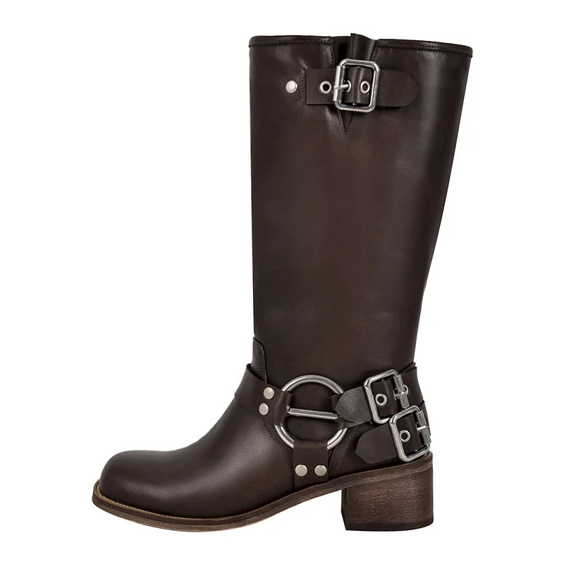 Women Gothic Black Round Toe Knee High Boots Heeled Metal Rivet Buckle Fashion 2023 Autumn Motorcycle Boots