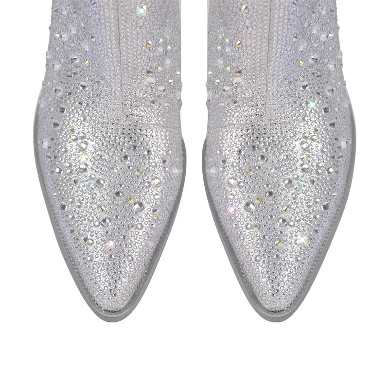 Women Rhinestone Pointed Toe Ankle Boots Silver Glitter Bling Shiny Pretty Gorgeous Dress Cowgirl Boots