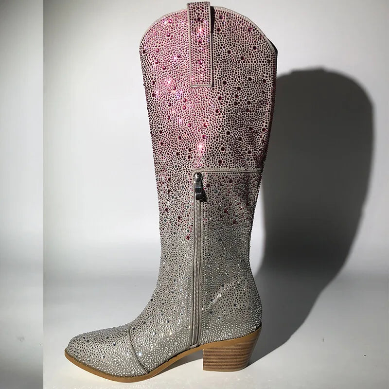 Women Pointed Toe Rhinestone Knee High Western Cowgirl Boots Glitter Bling Shiny Block Heel Lady Boots