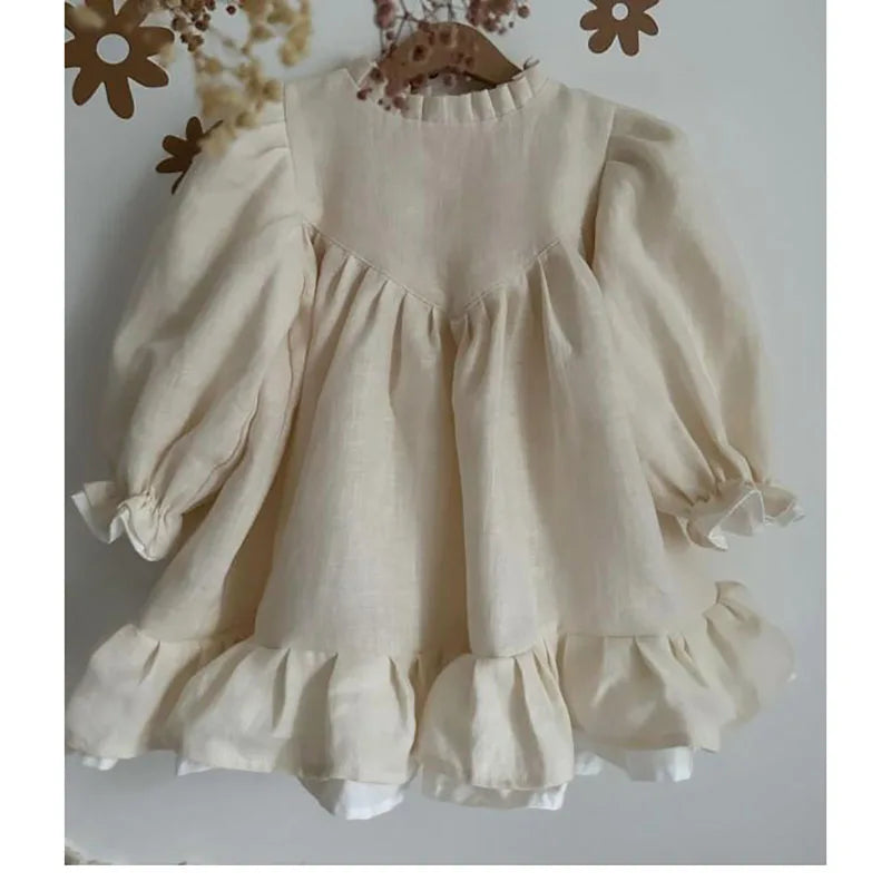 Spring Toddler Big A-line Girls Dress Linen Dress for Children Puff Sleeve Princess Kids Clothes Patchwork Dresses 2-7Y Girls