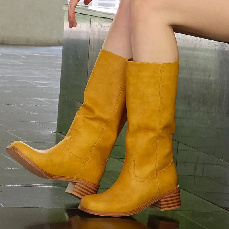 Women Round Toe Knee High Boots Low Heel Fashion Pull on Wide Calf Boots