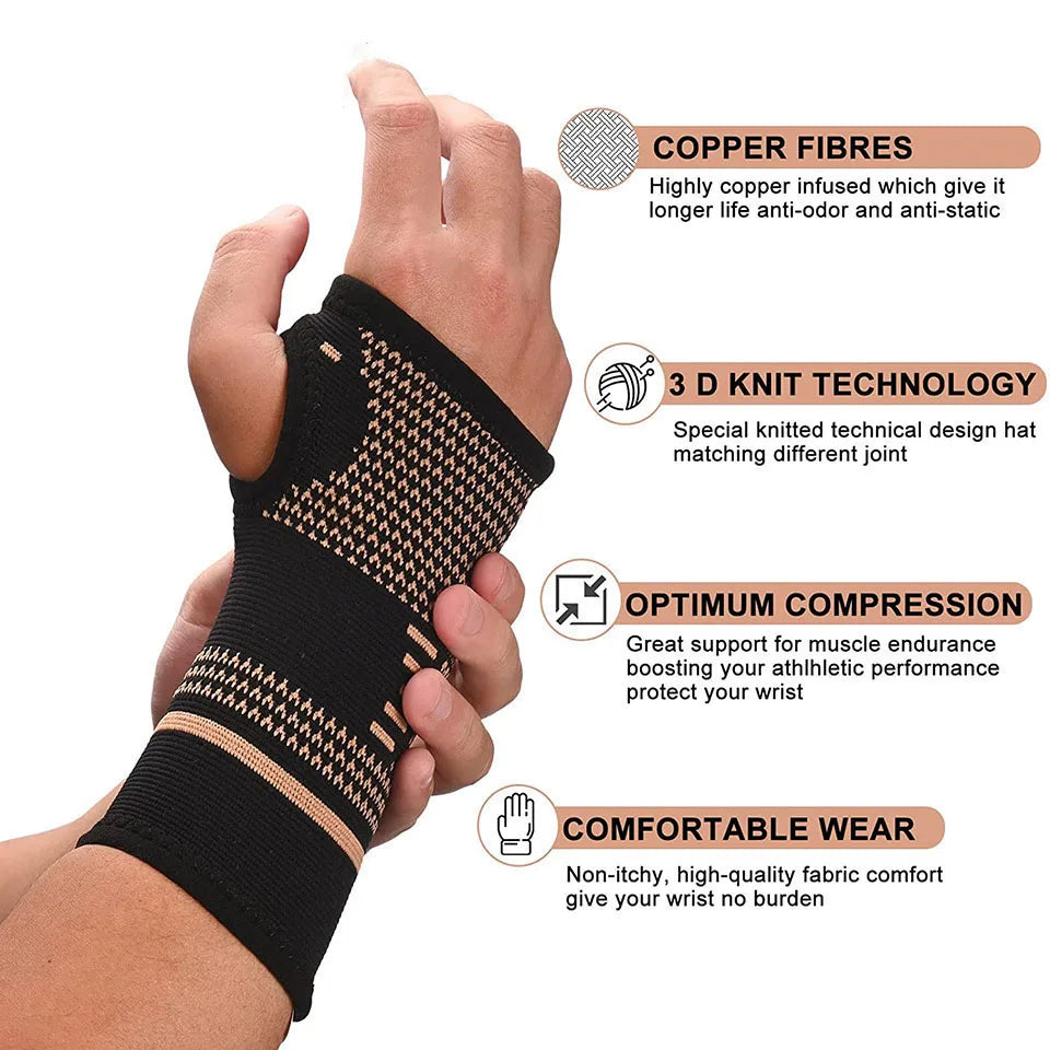 1 stuk kopervezel bracer pols elastische sportbandage polsband hand gym ondersteuning pols brace wrap tennis fitness powerlifting