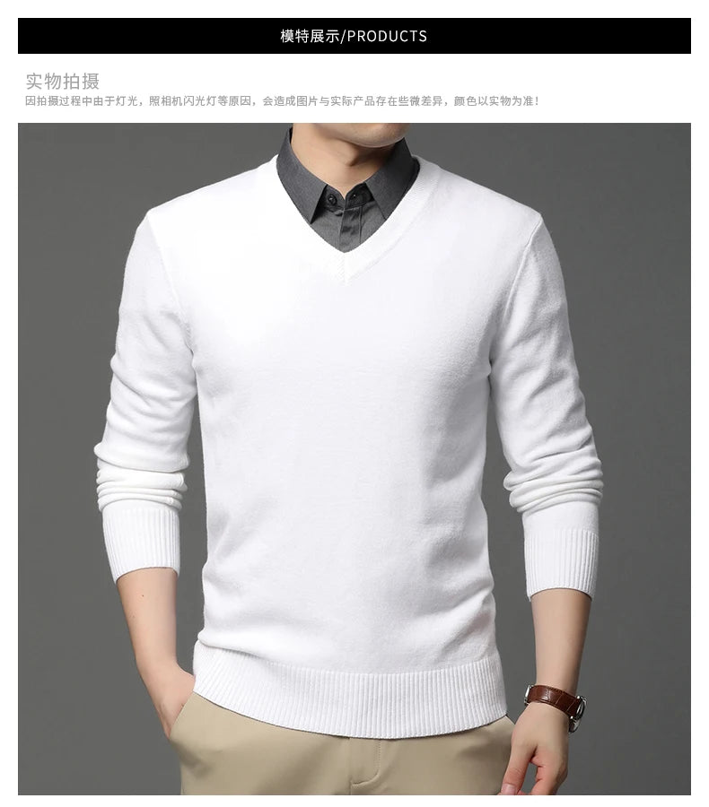 Men's High Quality Fashion Brand, Woollen Knit Pullover V-Neck Sweater, Autumn and Winter Casual Male Jumper