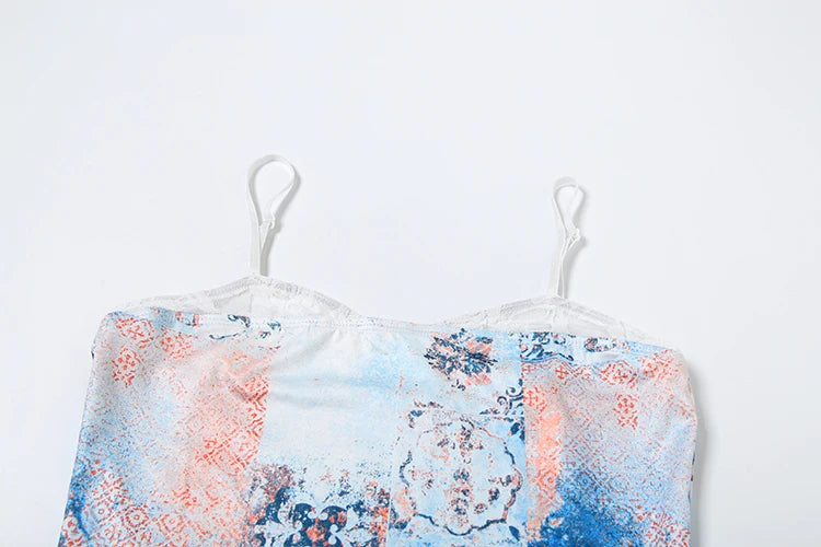 Colourful Fashion Print 2 Piece Set Women Sexy Backless Camisole + Mesh Patchwork Long Skirts Vacation Streetwear Outfits