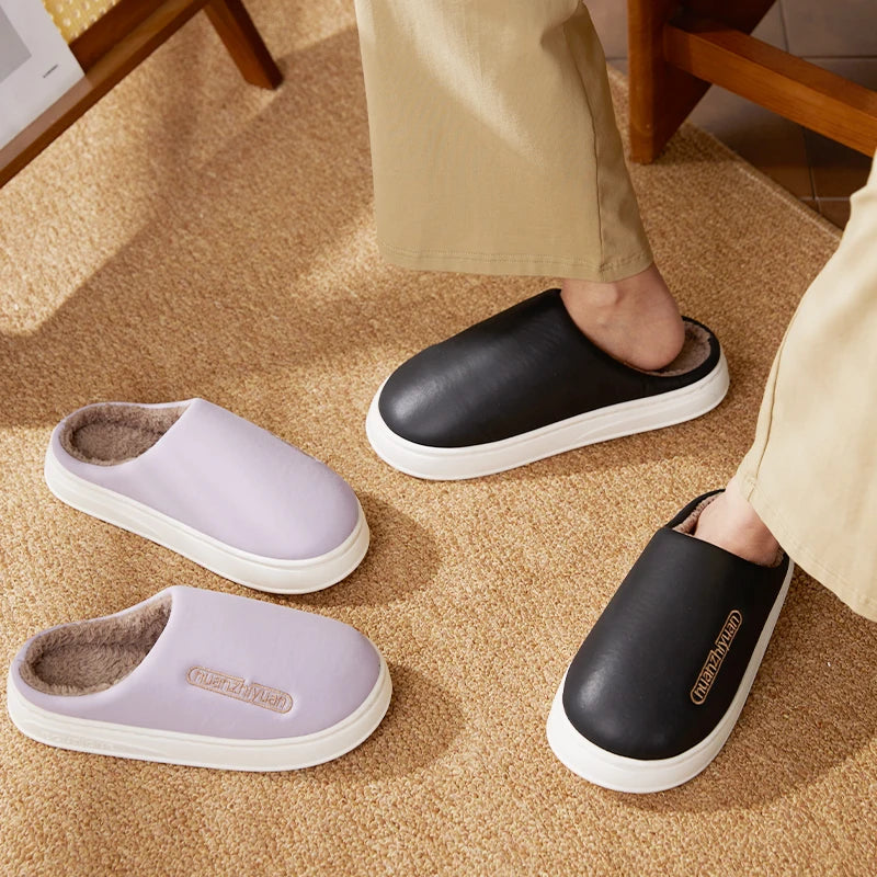 Unisex Anti-slip Waterproof Winter Cotton Slippers Women Men Home Indoor Warm House Shoes Couple Soft Flat PVC Sole Footwear