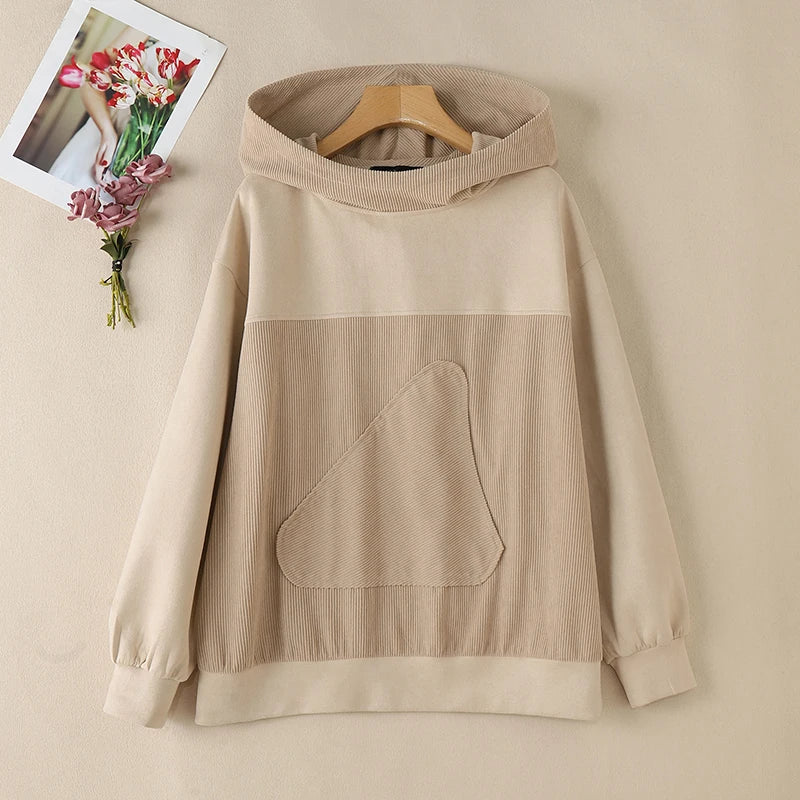 Women Patchwork Corduroy Hoodies Loose Casual Irregular Pocket Hooded Sweatshirts 2024 Fall Colour Block Long Sleeve Tops