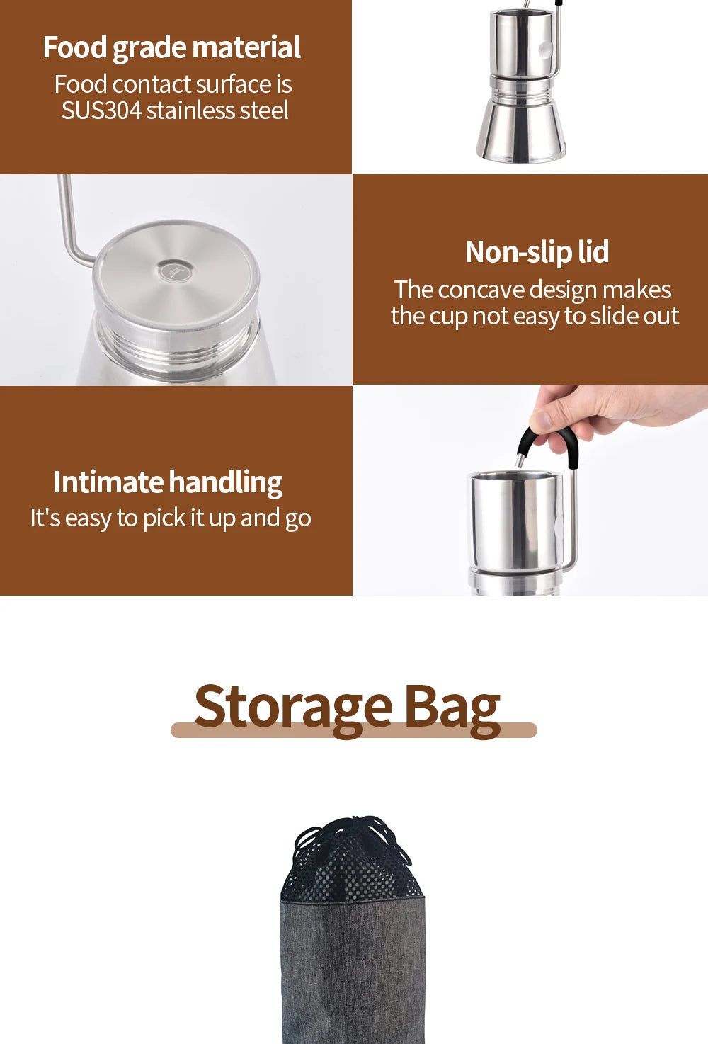 Camping Stovetop Coffee Distiller Maker Stainless Steel Moka Pot Outdoor Brewed Coffee Grinder for Office Home Camping