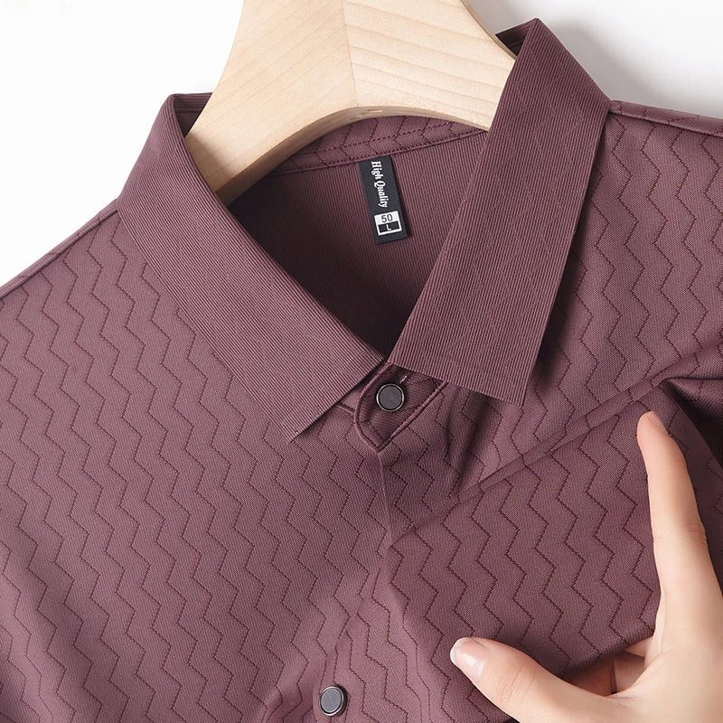 Men's Summer Lapel Shirt, Slim Fit Short-Sleeved, Fashion Dark Pattern Knitted Fabric Polo Shirt