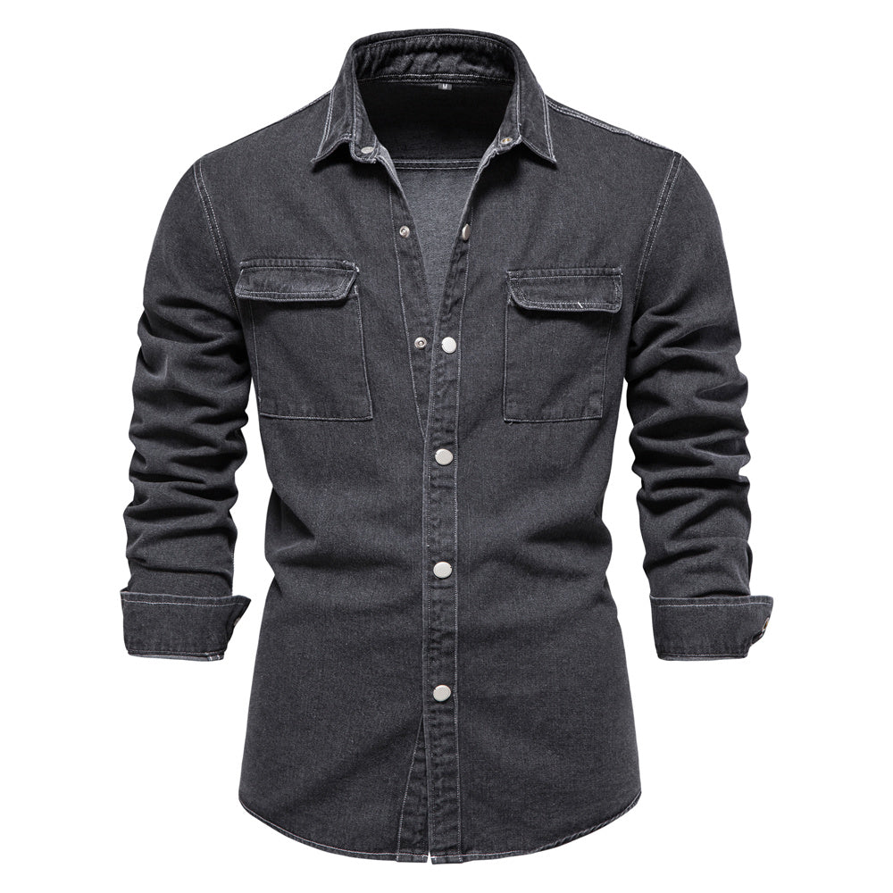 Men's 100% Cotton Denim Shirts Solid Colour Double Pocket Casual Long Sleeve Shirts Autumn Thickened Shirts For Men