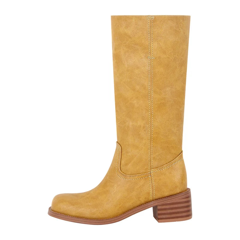Women Round Toe Knee High Boots Low Heel Fashion Pull on Wide Calf Boots