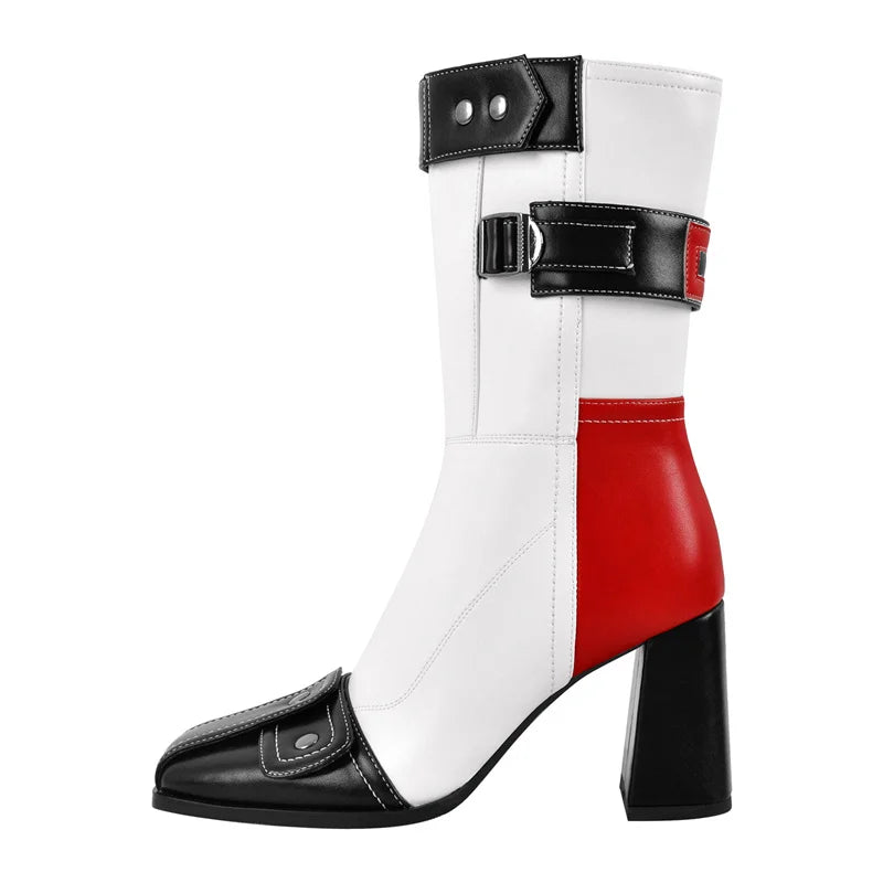 Square Toe Patchwork Buckle Belt Ankle Boots Fashion Side Zipper Boots
