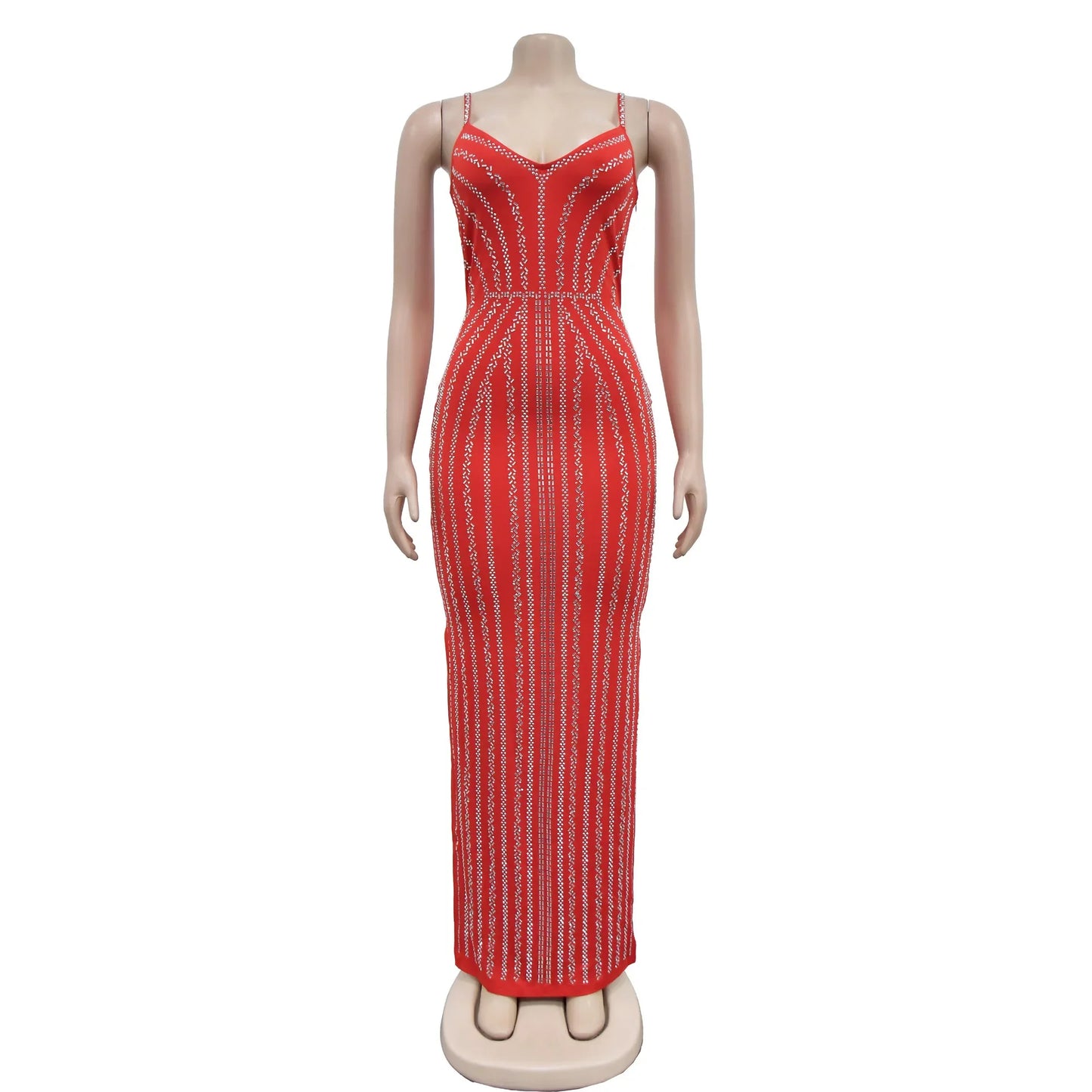 Women's Sexy Solid Color Spaghetti Strap Rhinestone Decor Deep V Neck Party Dress