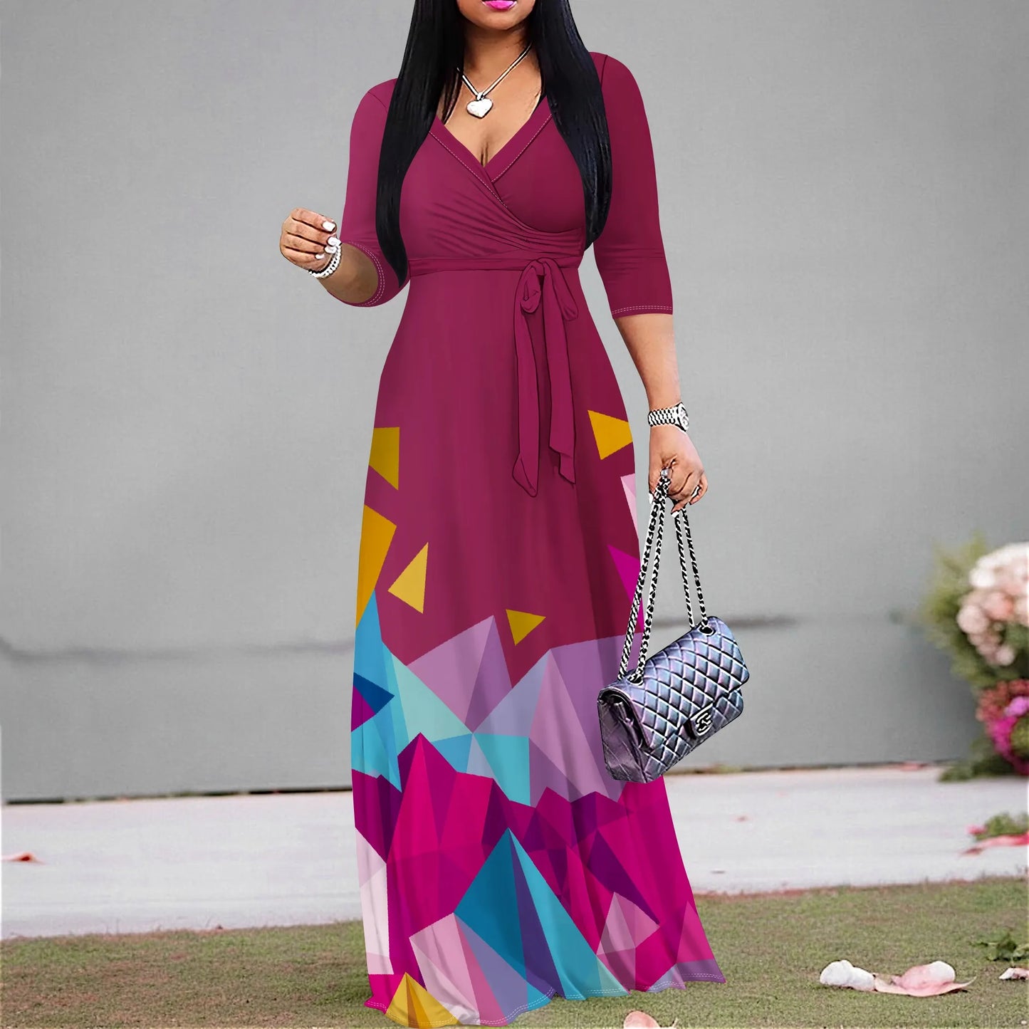 Women's Floral Print Maxi Party Dresses Summer 2025 with Pockets Casual 3 4 Sleeve V-Neck Wrap Tie Waist Long Dress