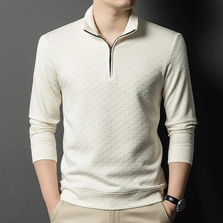 Men's Zipper Stand-Up Collar Long Sleeve T-shirt, Autumn & Winter Fashion Brand Loose Pullover With Advanced Geometric Jacquard Fabric