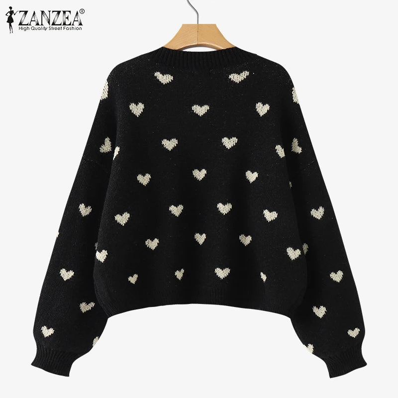 Women Loose Knitted Sweaters 2025 Spring Autumn Lantern Sleeve O Neck Heart Pattern Pullovers Streetwear Stylish Tops