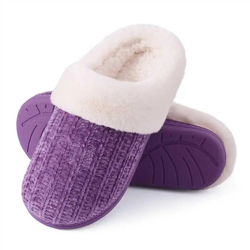 Women's Fleece Lined Warm House Cotton Slippers With Memory Foam and Non-Slip Cosy Fluffy Sole Plush Knit Slides Suitable For Bedroom Use