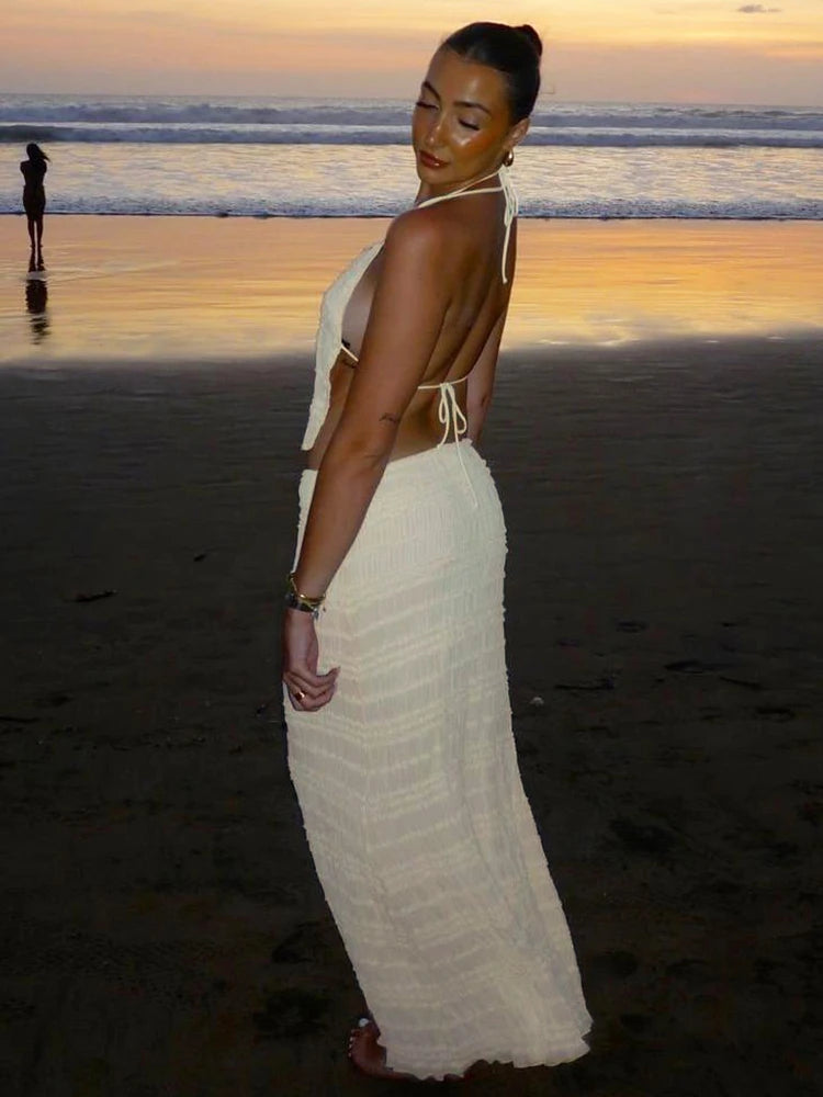 Sexy See-Through 2 Piece Set Women Lace-Up Halter Backless Crop Tops + Ruched Elegant Skirts Vacation Beach Party Suits