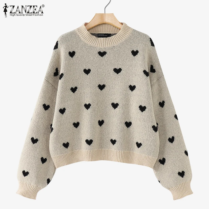 Women Loose Knitted Sweaters 2025 Spring Autumn Lantern Sleeve O Neck Heart Pattern Pullovers Streetwear Stylish Tops